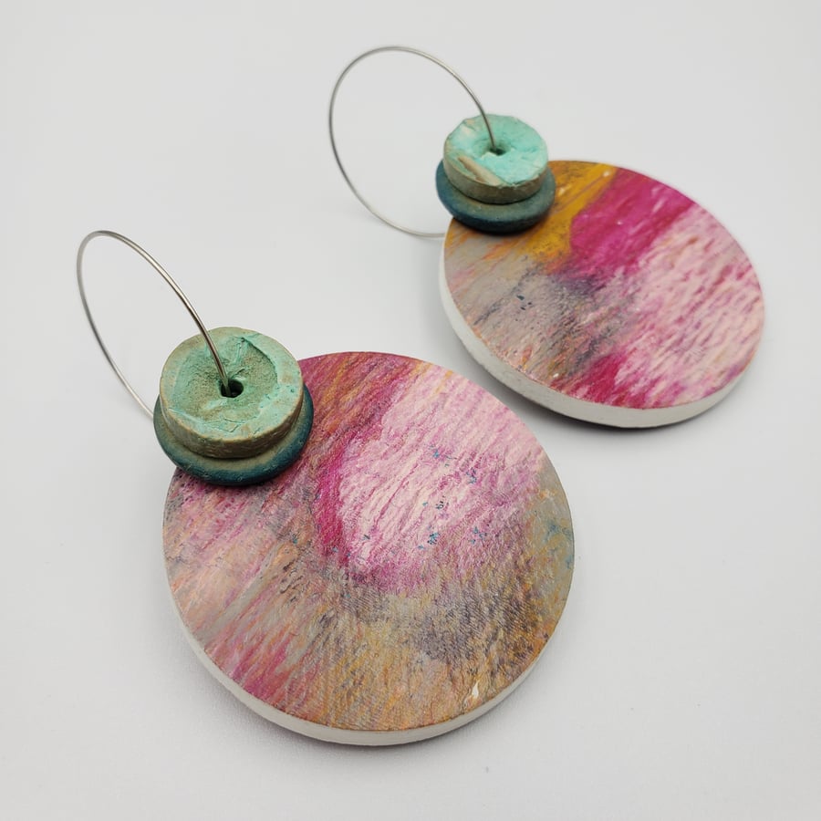 Hot pink, mustard, grey and mint coloured earrings