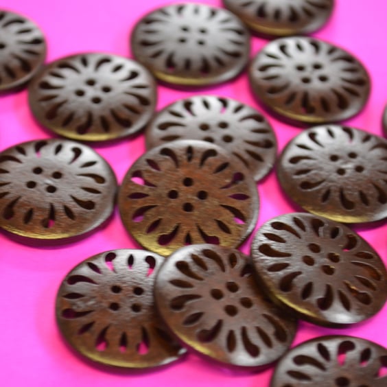 25mm Dark Brown Wooden Buttons Pierced Wood (DB2)