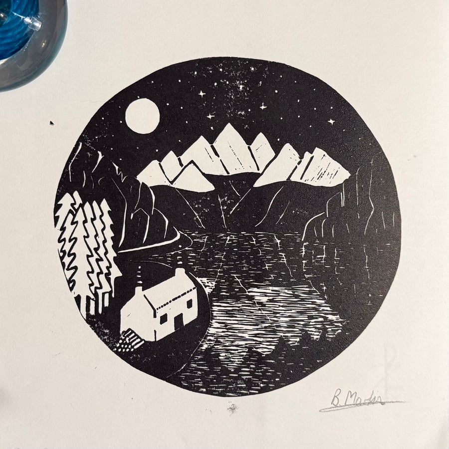 Perfectly Imperfect - Moonlit Mountains - original hand burnished lino print