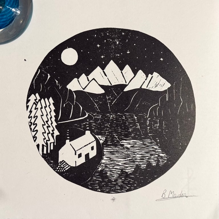 Perfectly Imperfect - Moonlit Mountains - original hand burnished lino print