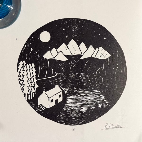 Perfectly Imperfect - Moonlit Mountains - original hand burnished lino print
