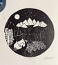 Perfectly Imperfect - Moonlit Mountains - original hand burnished lino print