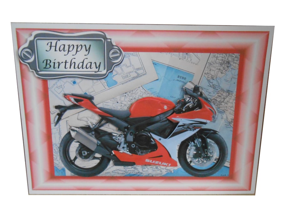 Suzuki motorbike on map 3D card - Birthday or Fathers Day