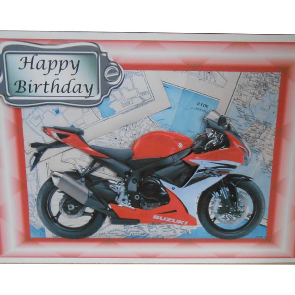 Suzuki motorbike on map 3D card - Birthday or Fathers Day