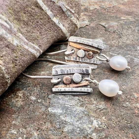 Silver and Gold Shoreline Dangle Earrings with Freshwater Pearl