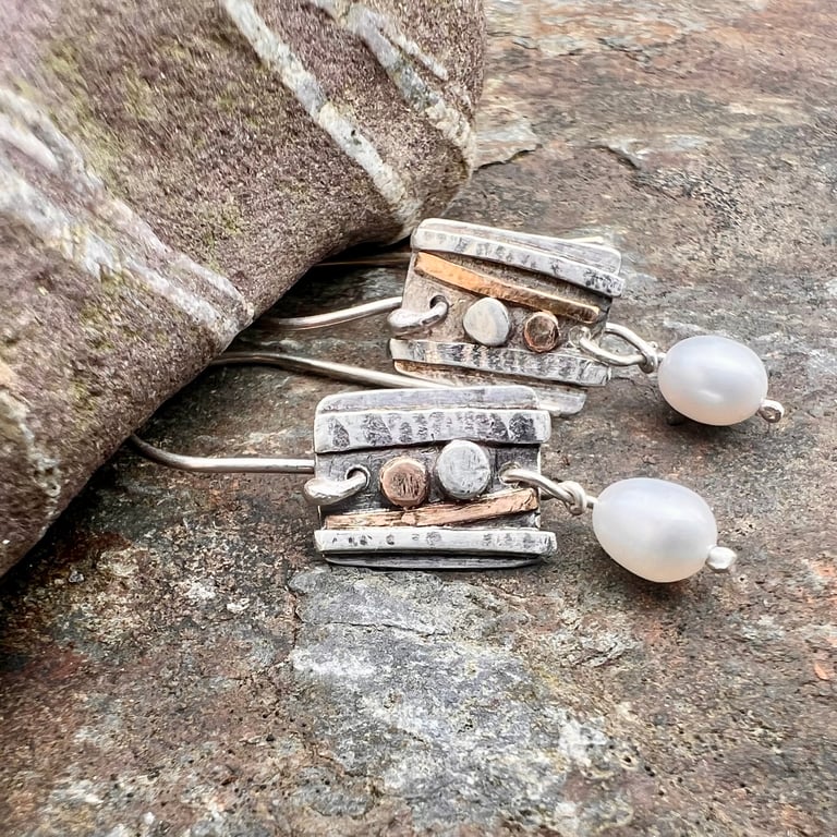 Silver and Gold Shoreline Dangle Earrings with Freshwater Pearl