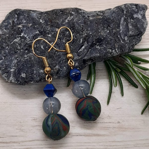 Earrings in dark sage, navy and sienna swirl