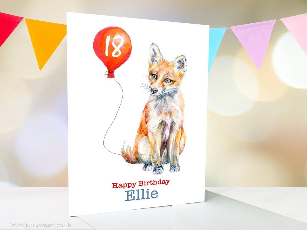 Fox Cub personalised birthday card, premium quality, 6th, 18th, 21st, 40th, 80th