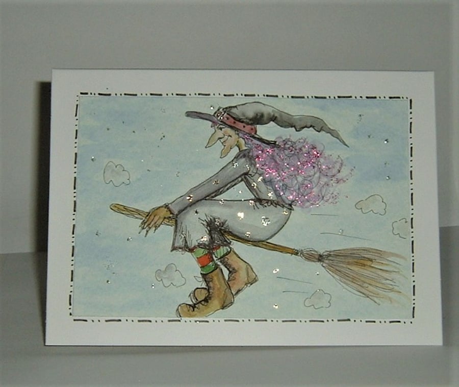 hand painted original witch cartoon greetings card ( ref F 859)
