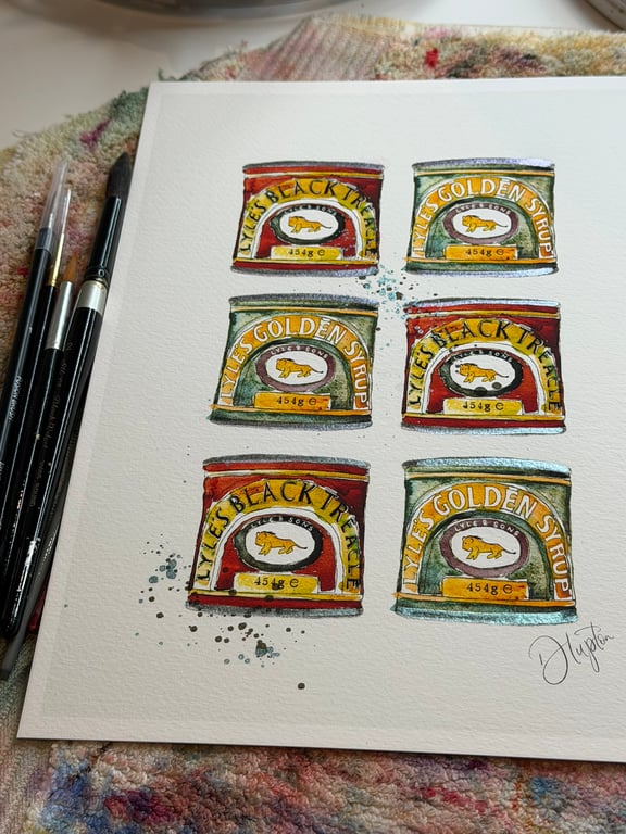 Hand Finished Watercolour A4 Art Print - Lyle's Syrup and Treacle Tin Medley