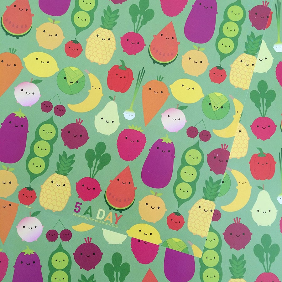 5 sheets of Gift Wrap - 5 A Day Kawaii Fruit & Vegetables