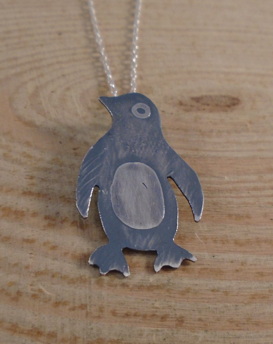 Sterling Silver Etched Penguin Necklace