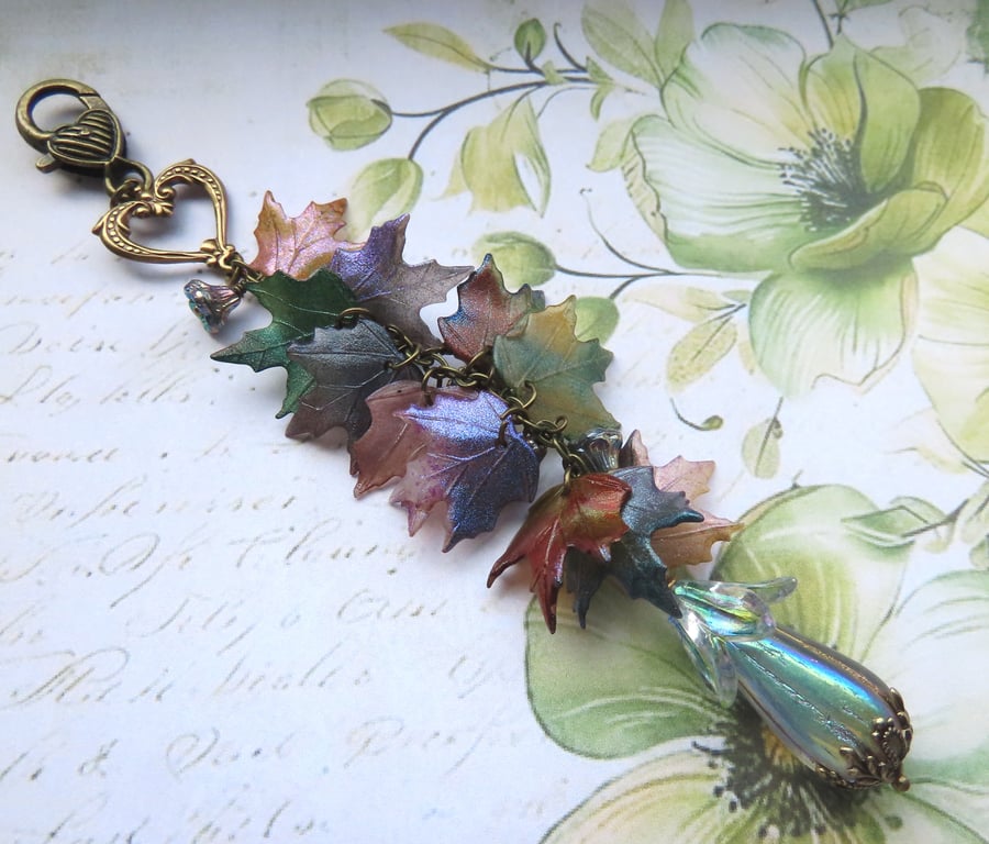 Leaf Purse Bag Charm, Hand Painted Maple Leaves and Antiqued Brass Vintage Style