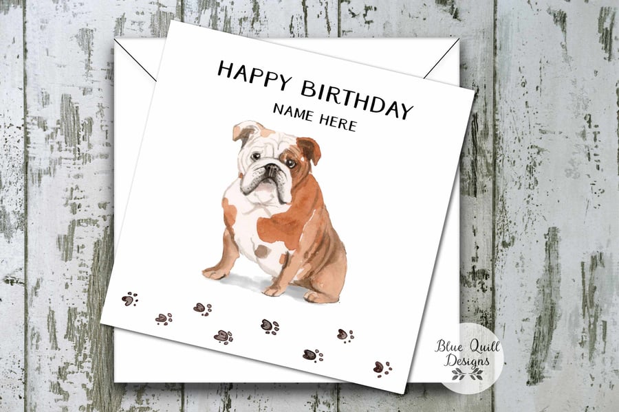English Bulldog Watercolour Print Personalised Birthday Card