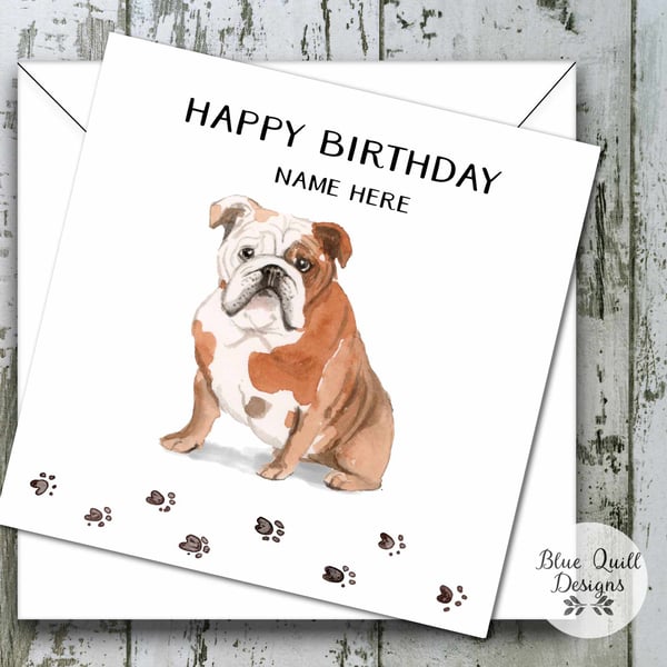 English Bulldog Watercolour Print Personalised Birthday Card