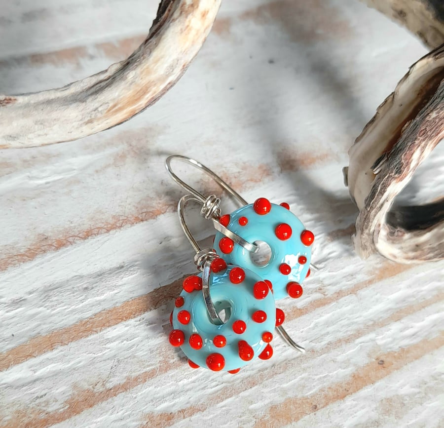 Handmade Sterling Silver Earrings with Turquoise Red Lampwork Beads