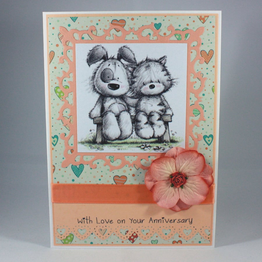 Handmade anniversary card - cute cat and dog