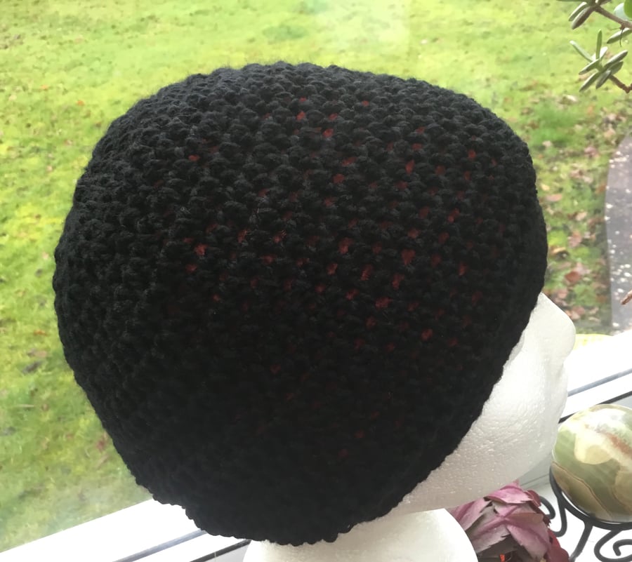 Scarlet Black! Two Tone Red and Black Beanie or Soft Beret Crocheted Hat.