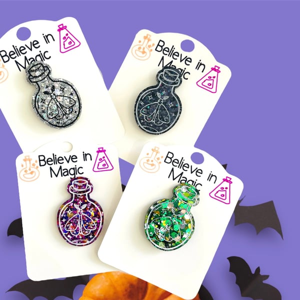 Halloween potion bottle pin badge, Halloween brooch, goth jewellery