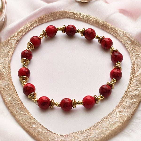 Red Jasper Bead Bracelet with Gold plated accents