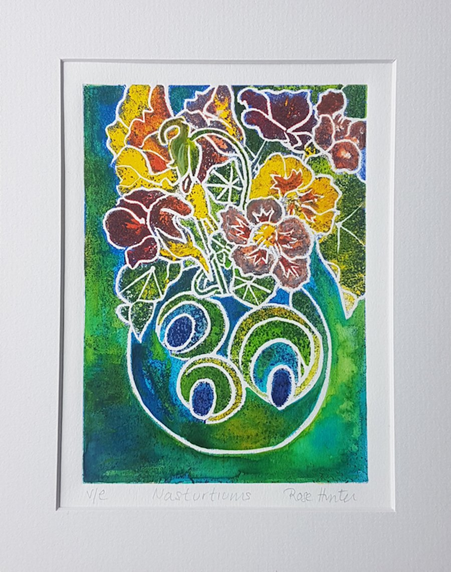 Nasturtiums 002 - hand painted lino print of a vase filled with nasturtiums
