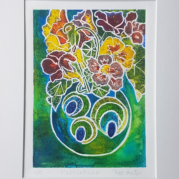 Nasturtiums 002 - hand painted lino print of a vase filled with nasturtiums
