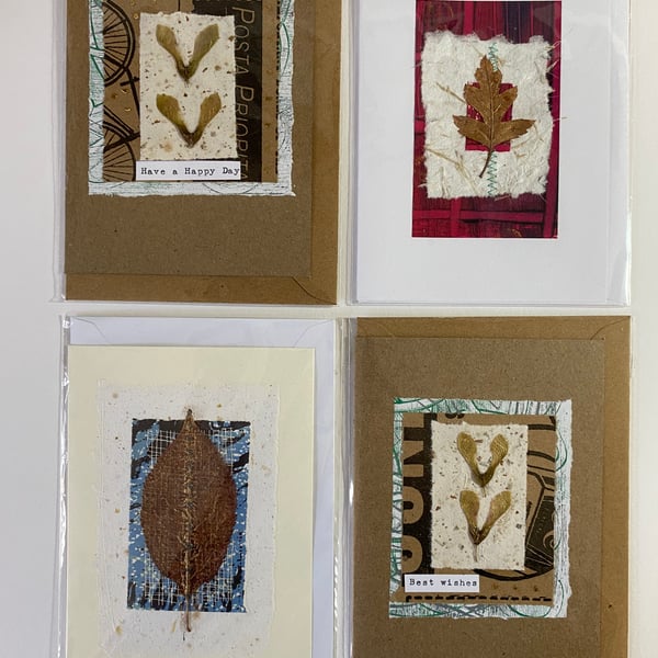 Pack of 4 handmade greeting cards. Assorted designs. Real pressed leaves