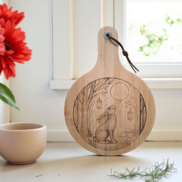 Bamboo Serving Paddle with Engraved Moon Gazing Hare and Suede Handle – 33.5cm x