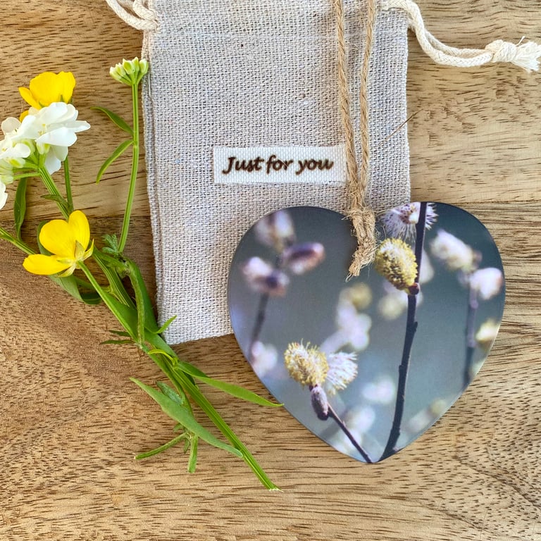 Hanging heart decoration - keepsake - letterbox gift -Green willow catkin print.