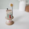 Wooden House on a Vintage Floral Bobbin with Clay Daisy