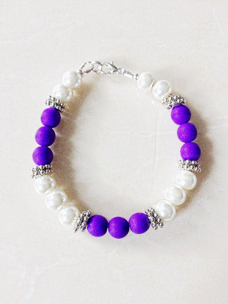 Glass Pearl and Neon Purple Beaded Bracelet