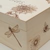 Wood burned memory keepsake box with bees, flowers and dragonflies design