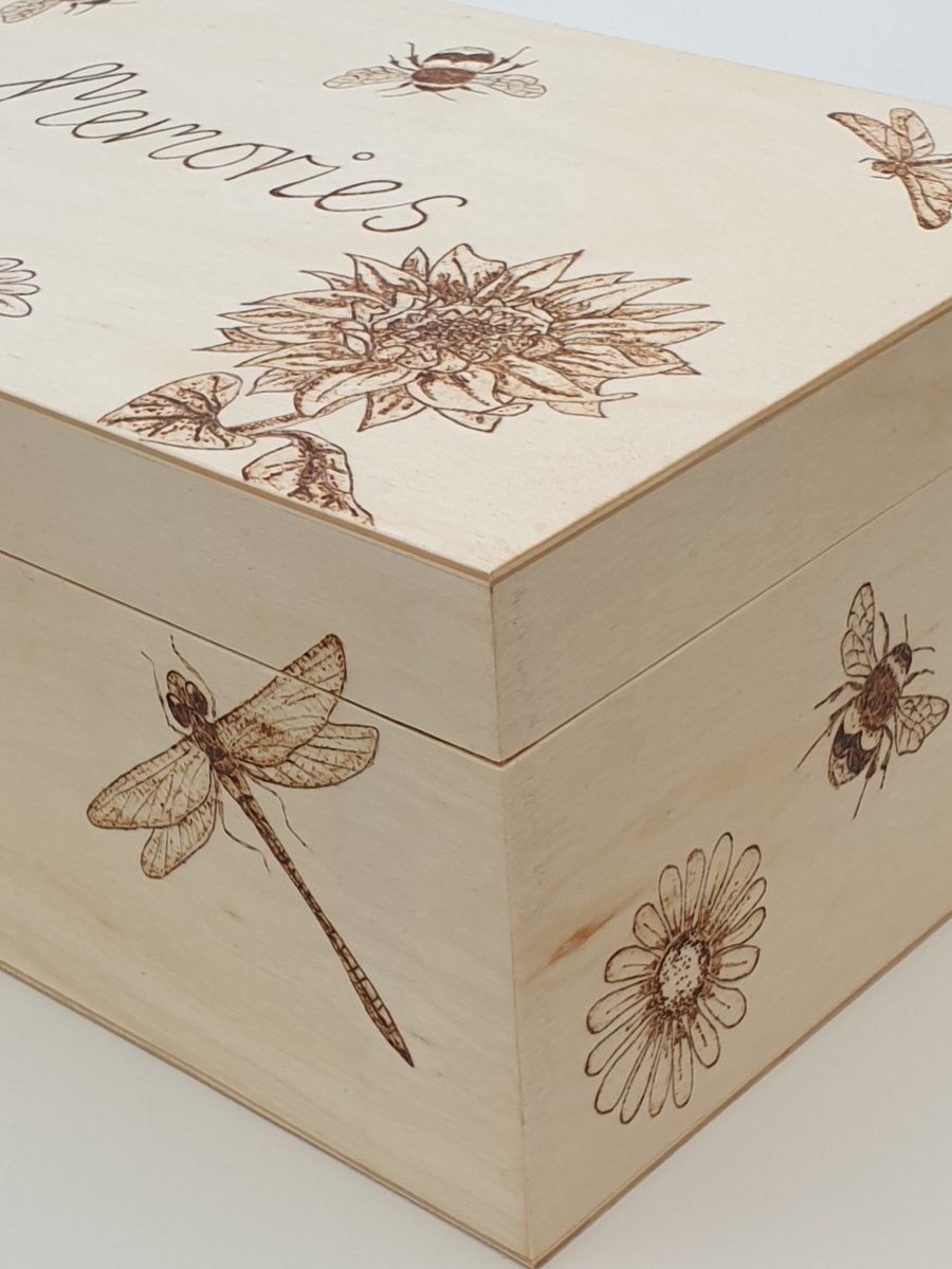 Wood burned memory keepsake box with bees, flowers and dragonflies design