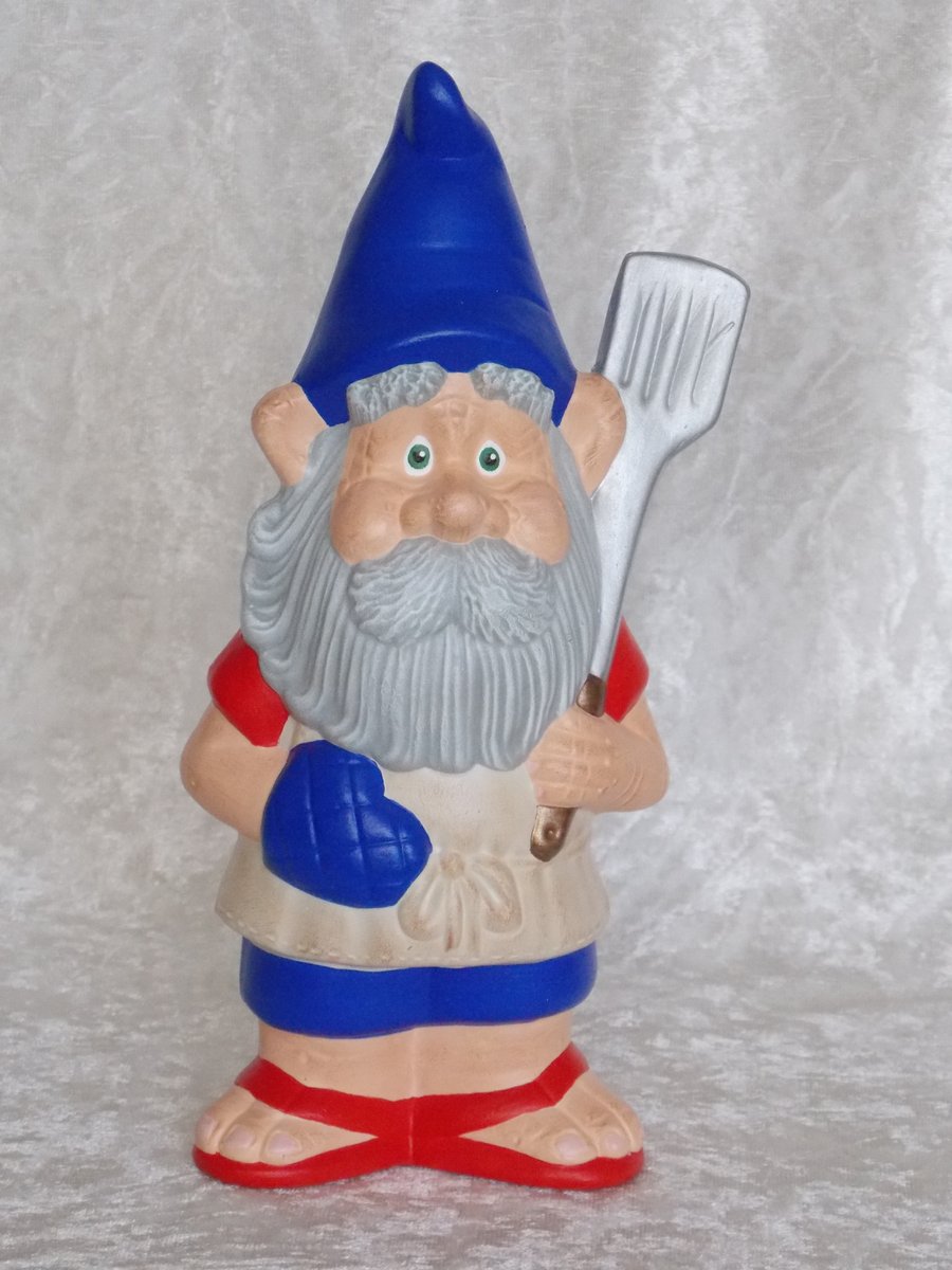 Hand Painted Novelty Ceramic Garden Gnome In Red & Blue Ready For A BBQ Ornament