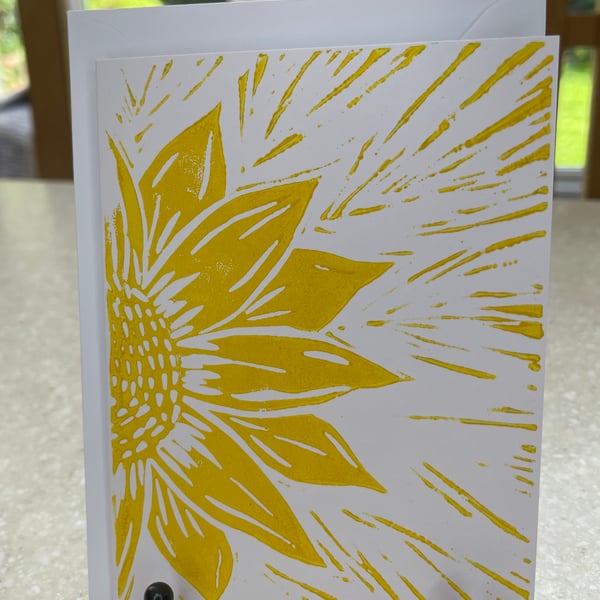 Sunflower, hand printed Lino cut greetings card