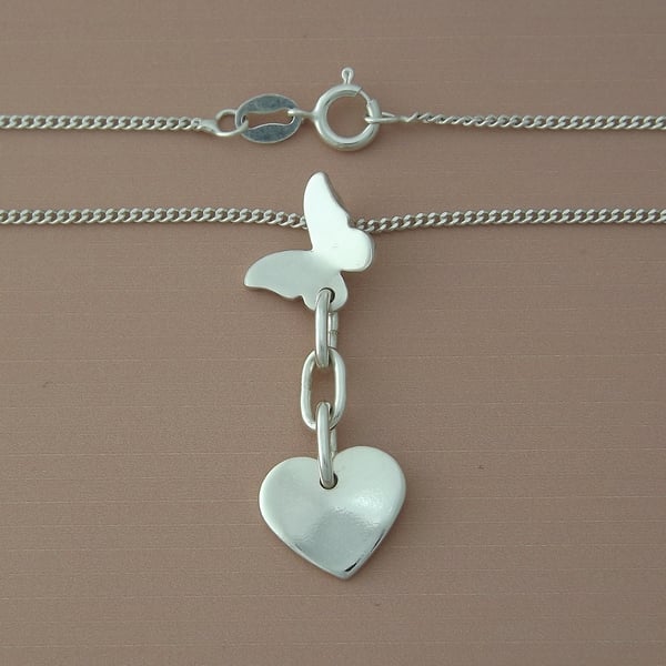 Sterling Silver Butterfly, Heart & Chain Pendant – Hope, Love and Togetherness