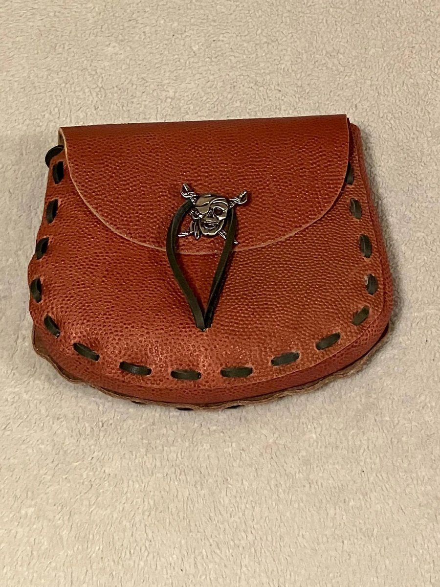 Firm TerraCotta Coloured Leather Medieval Style Pouch - Pirate Skull Closure