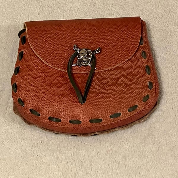 Firm TerraCotta Coloured Leather Medieval Style Pouch - Pirate Skull Closure