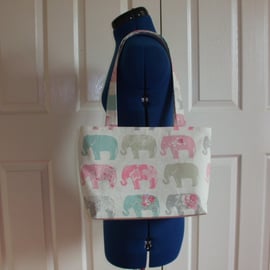 Tote Bag with Elephants and flowers in cream and pastel colours