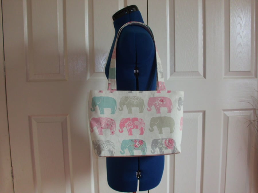 Tote Bag with Elephants and flowers in cream and pastel colours