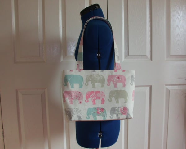 Tote Bag with Elephants and flowers in cream and pastel colours