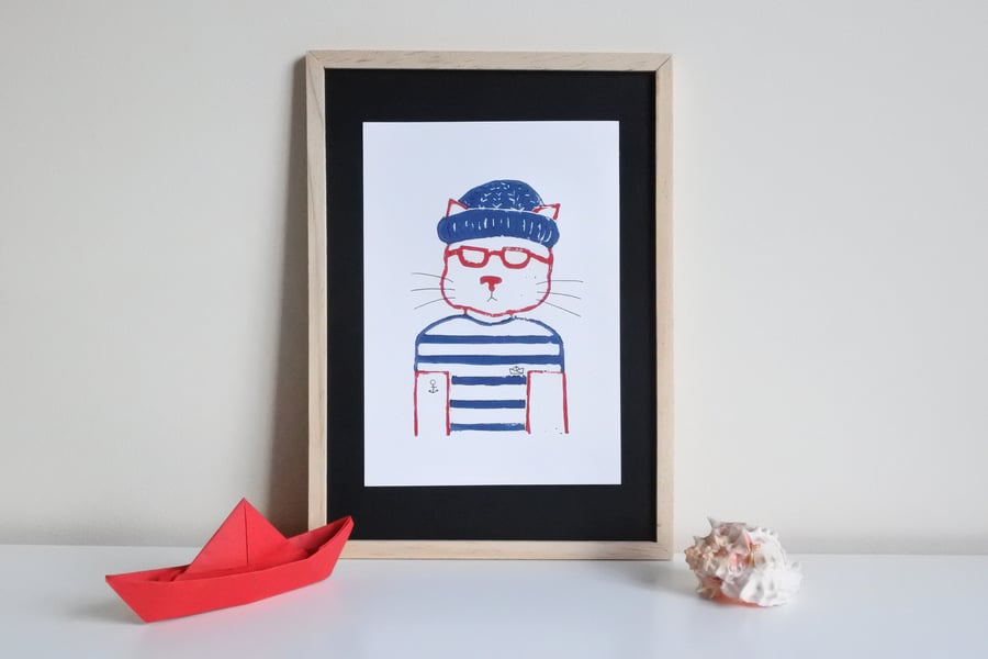 Barnaby the Hipster Fisherman Cat – Original Handmade Lino Print