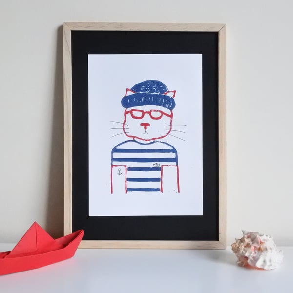 Barnaby the Hipster Fisherman Cat – Original Handmade Lino Print