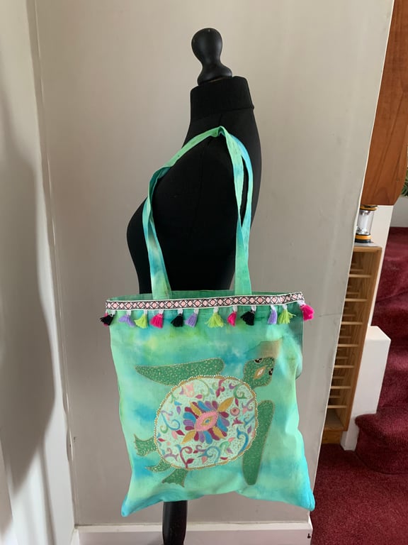 Tie dyed and hand painted tote with colourful turtle design 