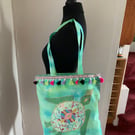 Tie dyed and hand painted tote with colourful turtle design 