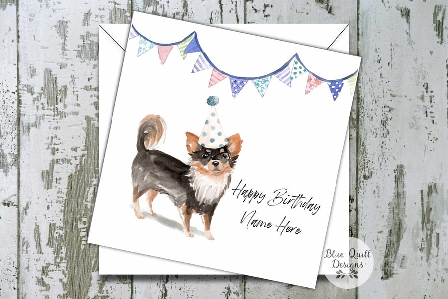 Long Haired Chihuahua Watercolour Print Personalised Birthday Card