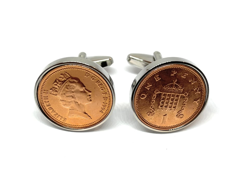 1994 30th Birthday Anniversary 1 pence coin cufflinks - One pence cufflinks from