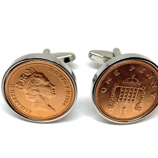 1994 30th Birthday Anniversary 1 pence coin cufflinks - One pence cufflinks from