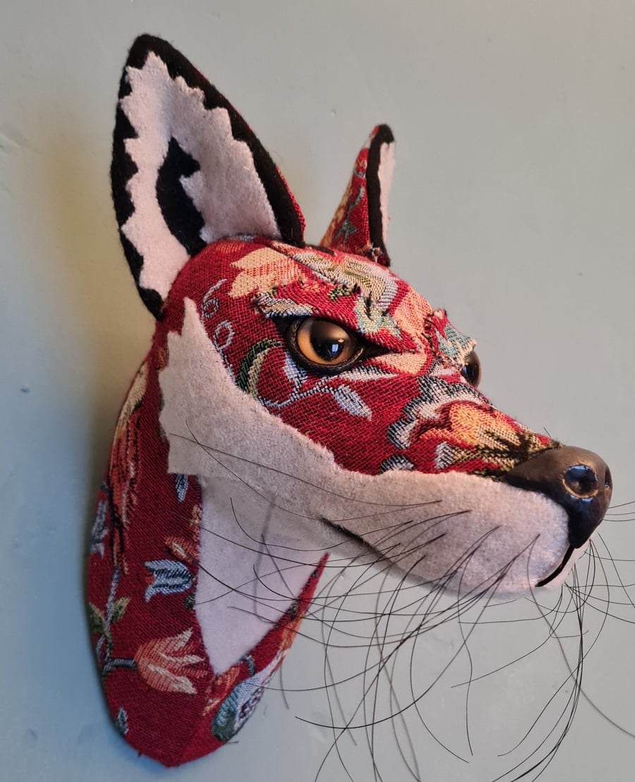 Faux fox wall mount in red floral upholstery fabric- Fitzmaurice