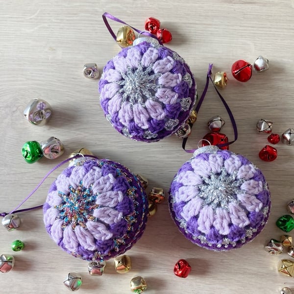 Set of 3 Purple Sparkly Crochet Christmas Baubles - Tree Decorations